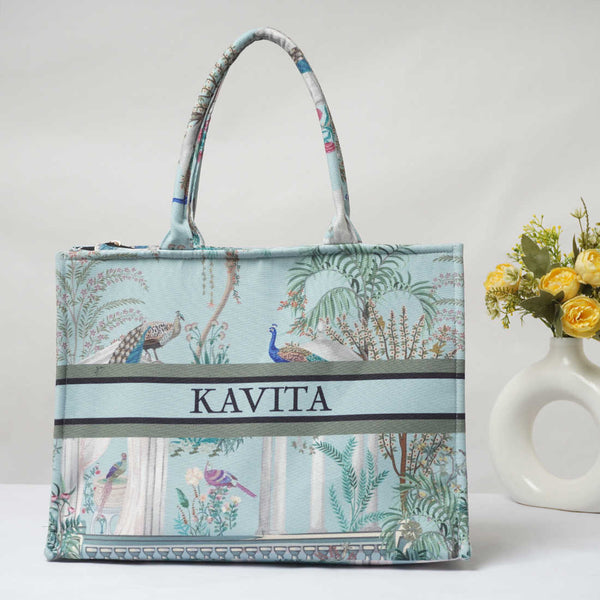Peacock Printed Customised Box Tote Bag - Uncommongifts.in